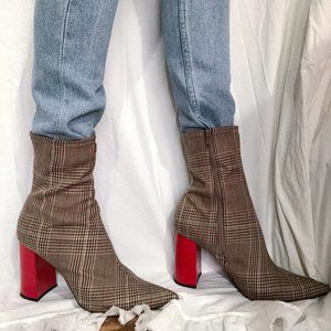 Jeffrey Campbell plaid and red Siren booties